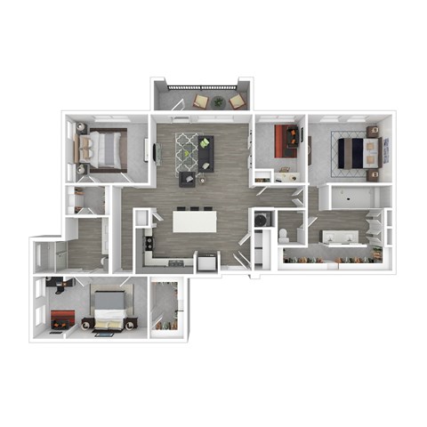 A 3D floor plan of a house with multiple rooms and furniture.